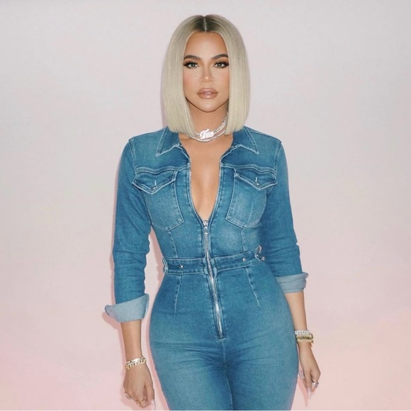 NWT Good American Khloe Kardashian Long Sleeve Blue Denim Jumpsuit